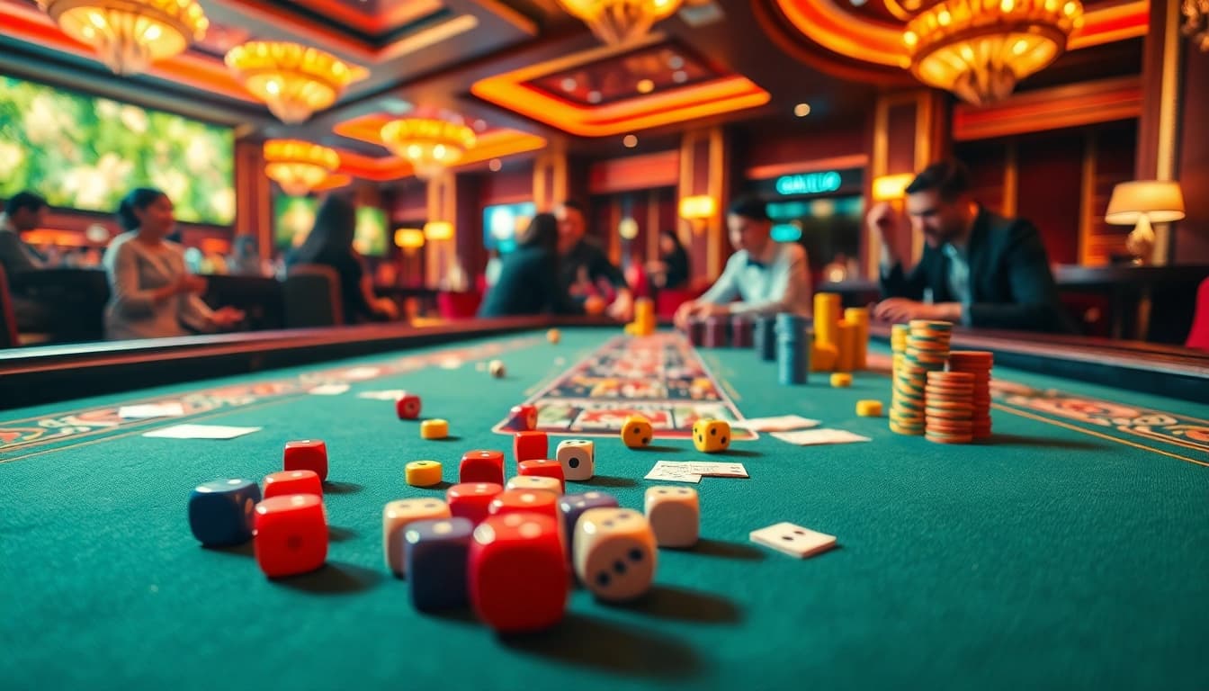 Players enjoying game tài xỉu at a luxurious casino table with colorful dice and chips.