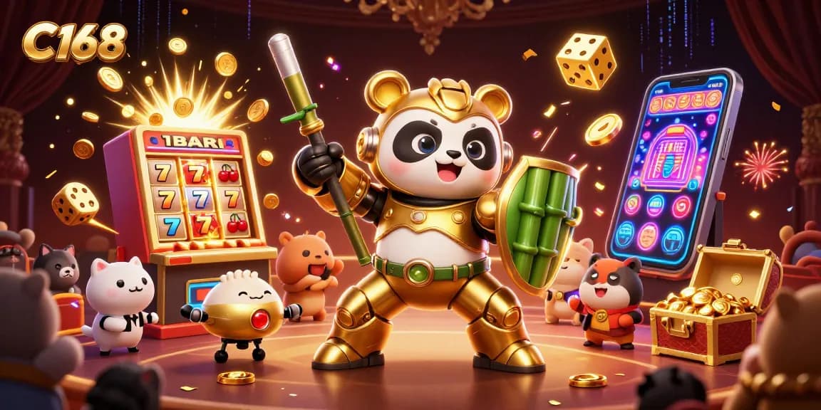 Experience the excitement at C168, where a golden panda leads a bamboo robot amidst exploding jackpots and captivating casino action.