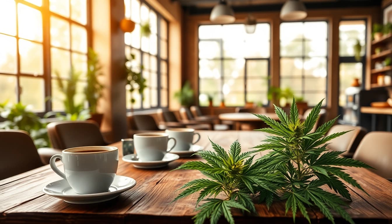Kaffeetasse und Cannabisprodukte im Cannabis Coffee Shop Lloret de Mar genießen.