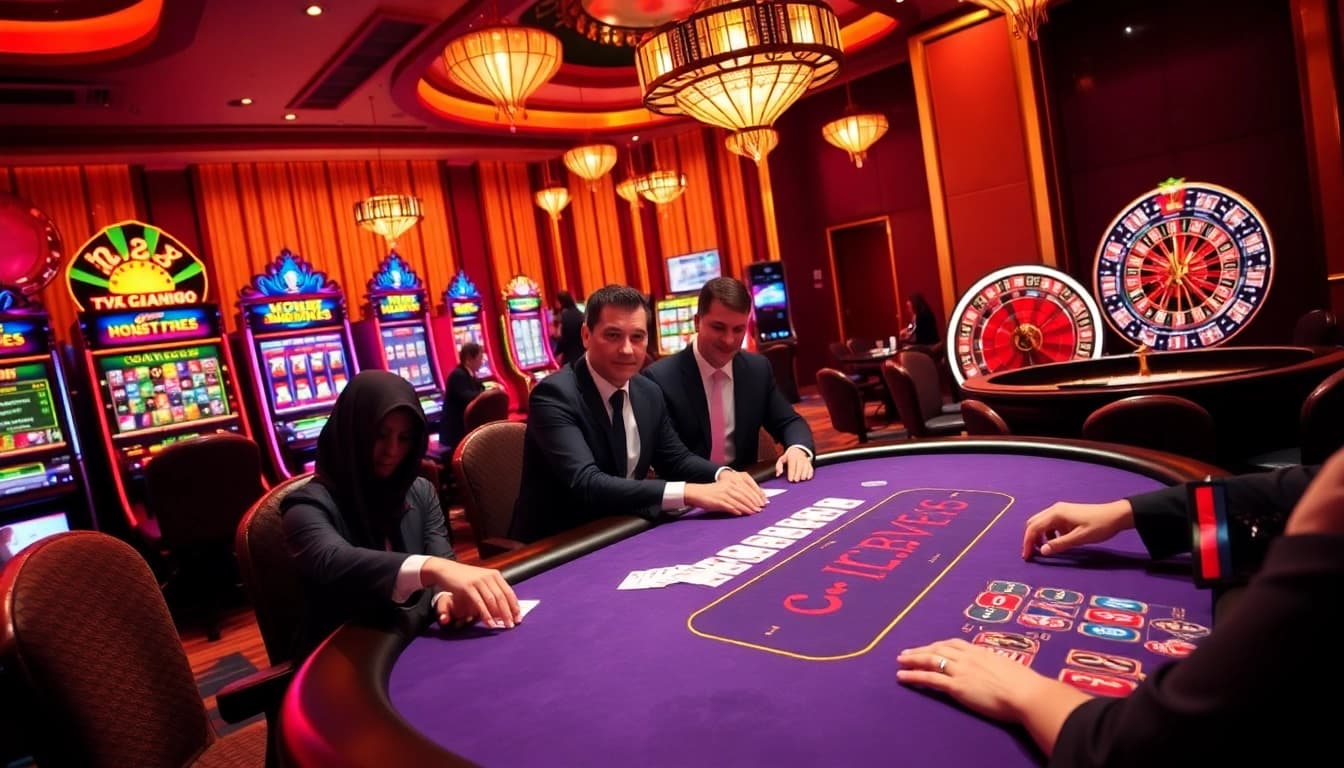 Experience thrilling gameplay at VA88, immersing in an elegant casino atmosphere with poker tables and vibrant slot machines.
