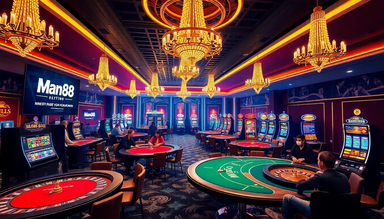 Exciting gaming atmosphere at Man88 casino with poker, roulette, and slot machines.