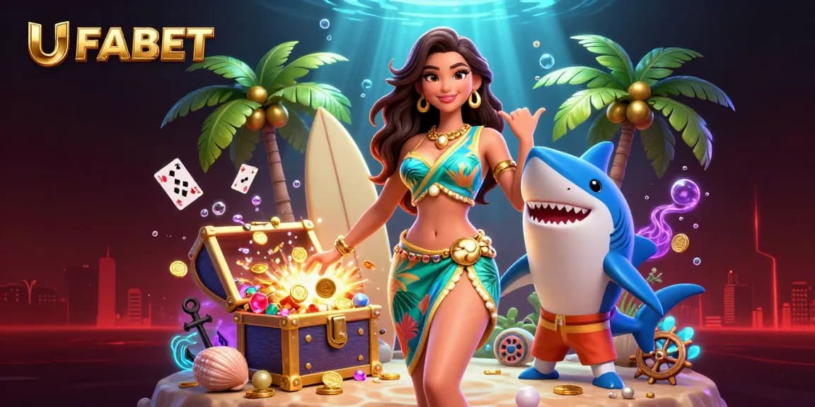 Experience UFABET's thrilling gaming adventures with a packed scene of vibrant characters and casino action.
