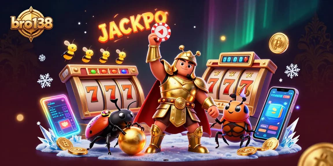 Menangkan di permainan bro138 dengan ilustrasi ekstravaganza kasino dan jackpot yang menggoda.