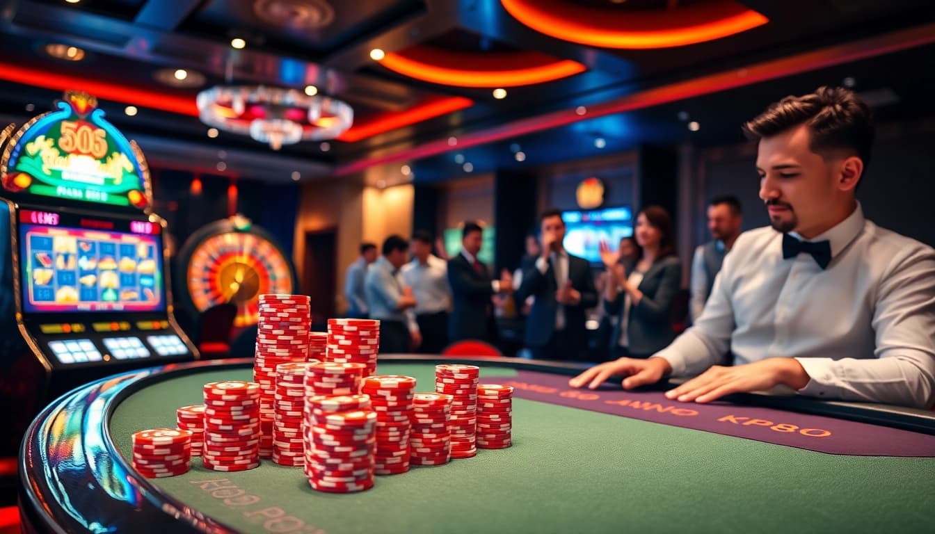 KP88 casino scene showcasing an exciting gambling atmosphere with poker chips and slot machines.