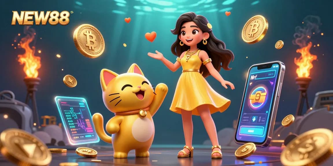 Experience the excitement of NEW88 as a joyful Asian woman interacts with a golden lucky cat in this vibrant casino scene.