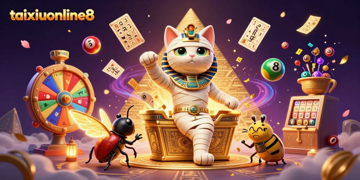 Engage in thrilling gameplay on taixiuonline8 with an exciting casino scene featuring a mummy cat and scarab!