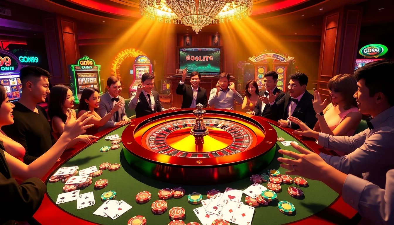 Excited gamblers playing roulette at GO99 casino with vibrant colors and luxury setting.