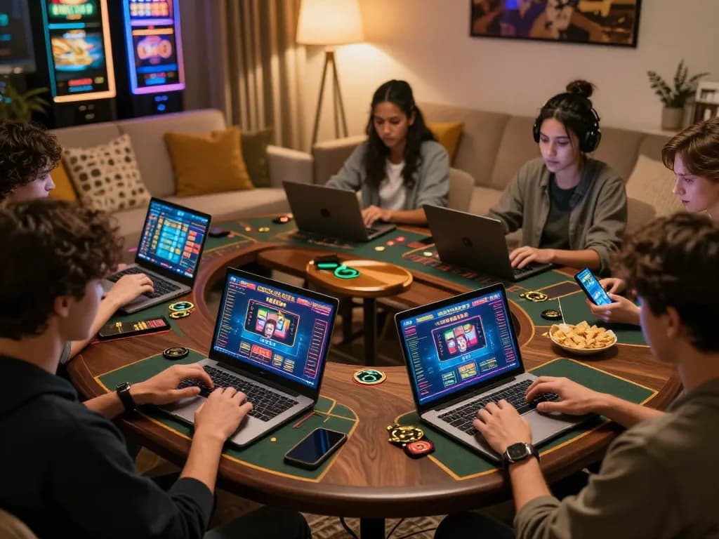 Players enjoying diverse games at 789P with laptops and smartphones in a cozy setting