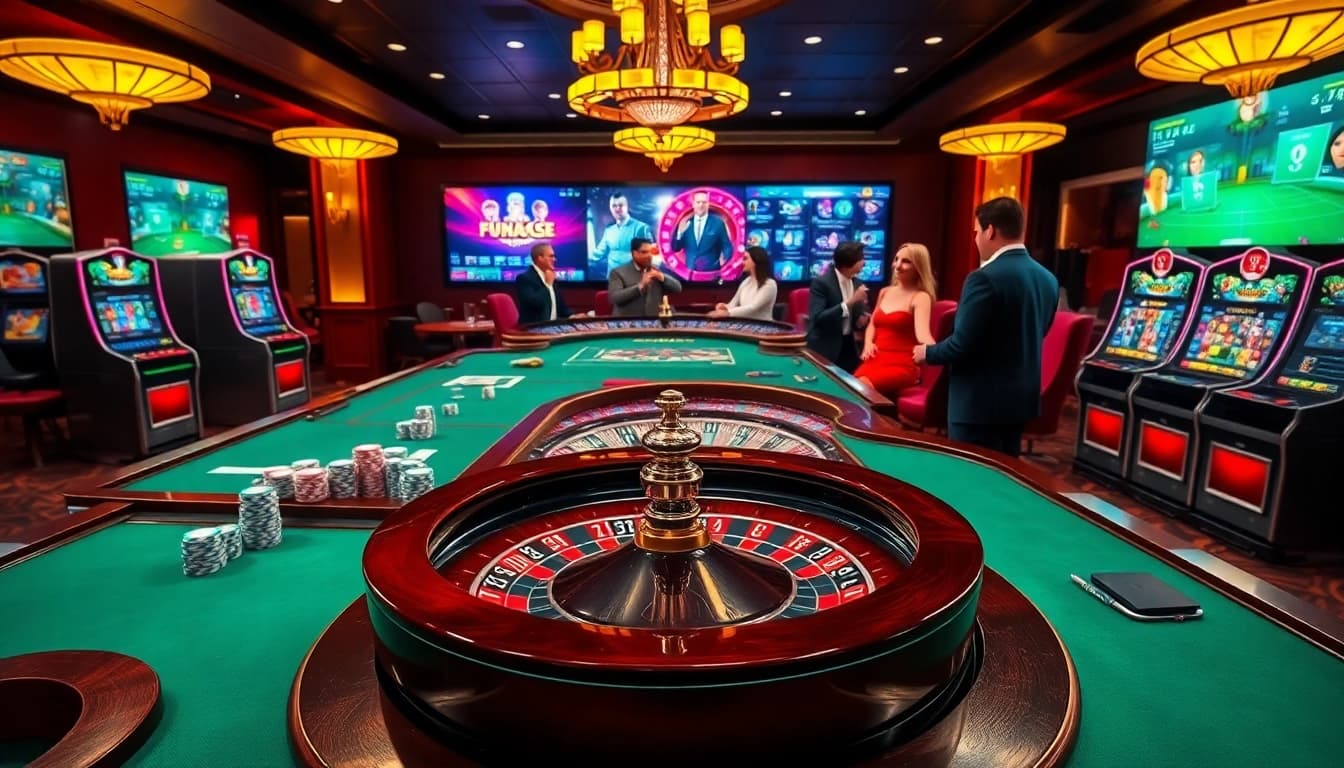 Experience the excitement of online gambling at Fun79 with vibrant casino tables and spinning roulette wheels.