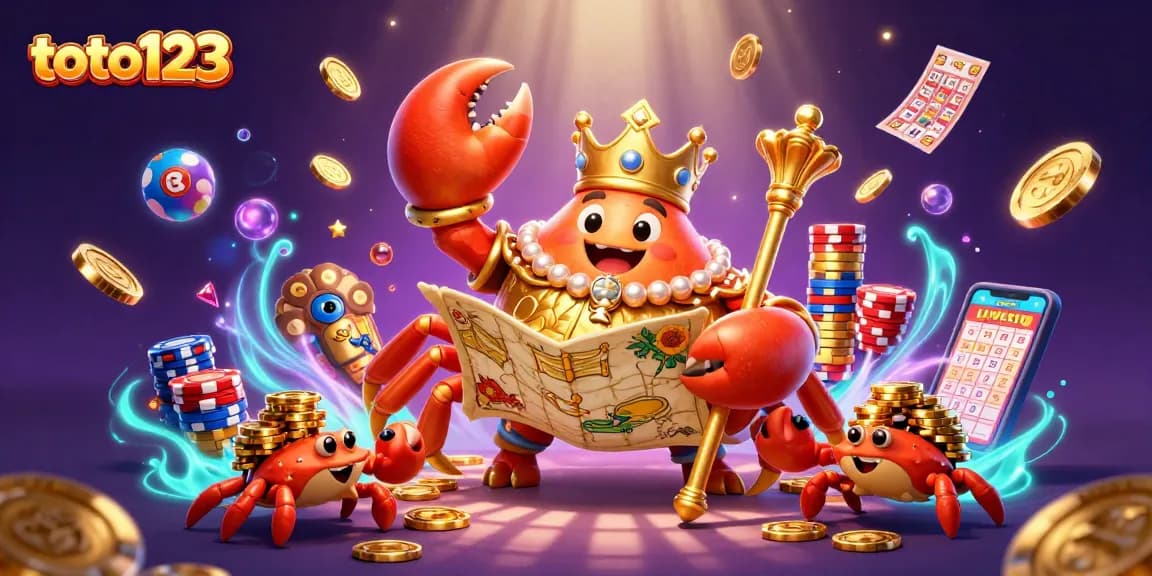 Toto123 lottery scene featuring a golden crab emperor surrounded by lottery balls and colorful bingo cards.