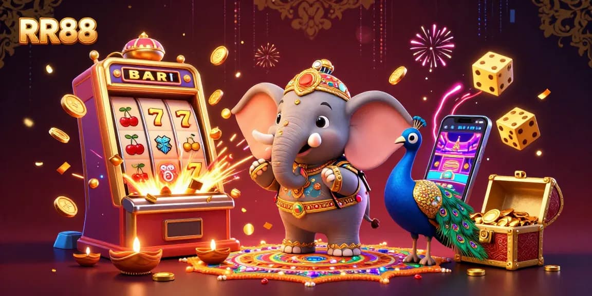 Experience the excitement of RR88 with a whimsical 3D jackpot celebration illustration of vibrant gaming elements.