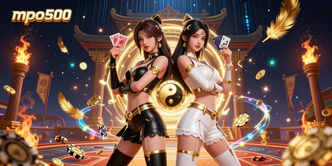 Experience the thrill of mpo500 with stunning twin Asian women engaging in a powerful casino duel.