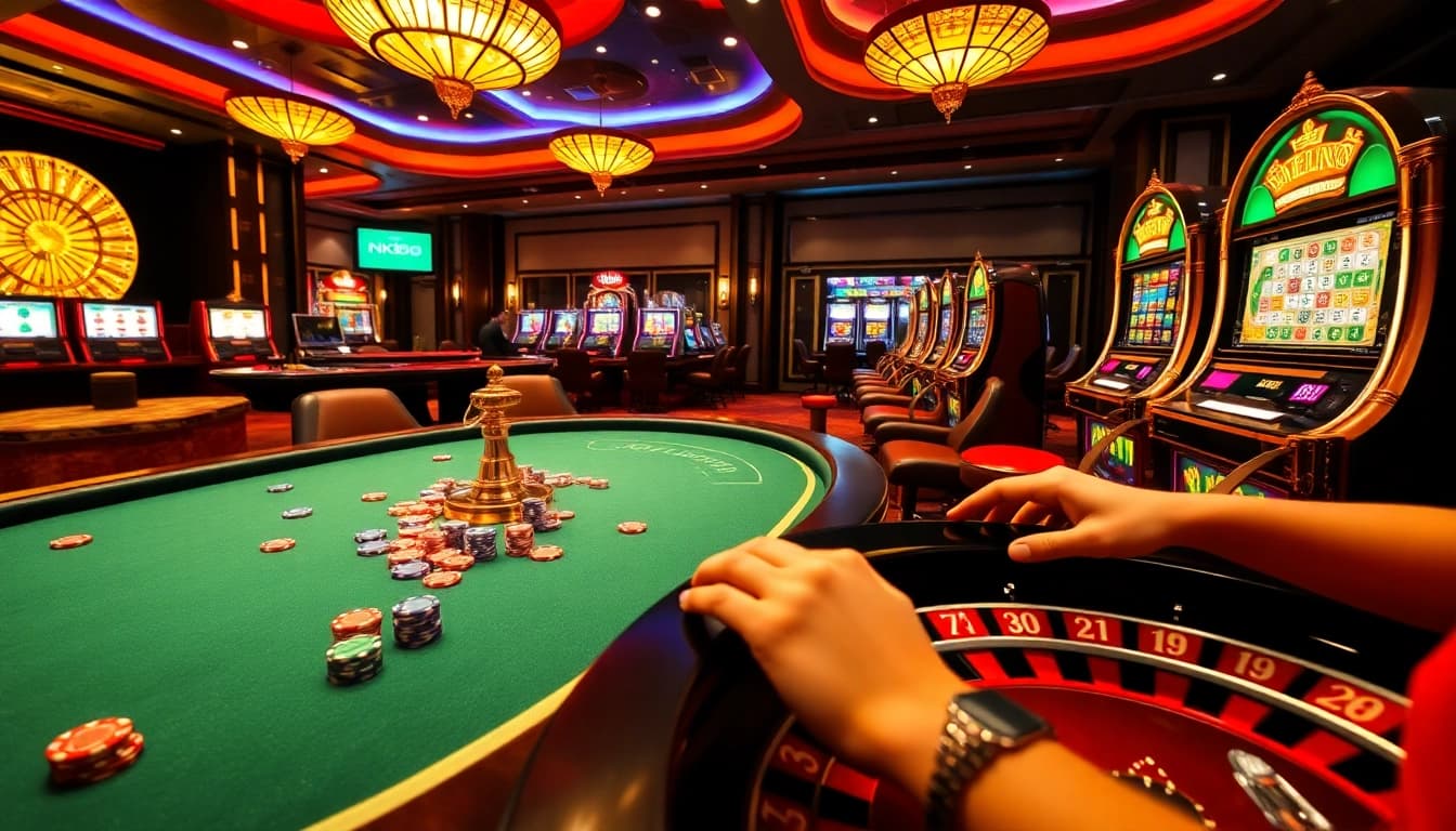 NK88 players engaging in thrilling games at a luxurious casino table with chips and cards.