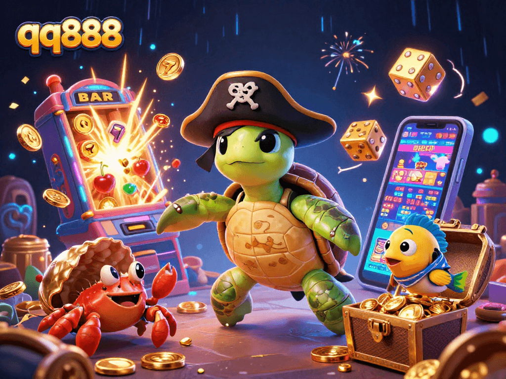 Experience the excitement of qq888 with a pirate turtle and treasure scene in a vibrant casino atmosphere.