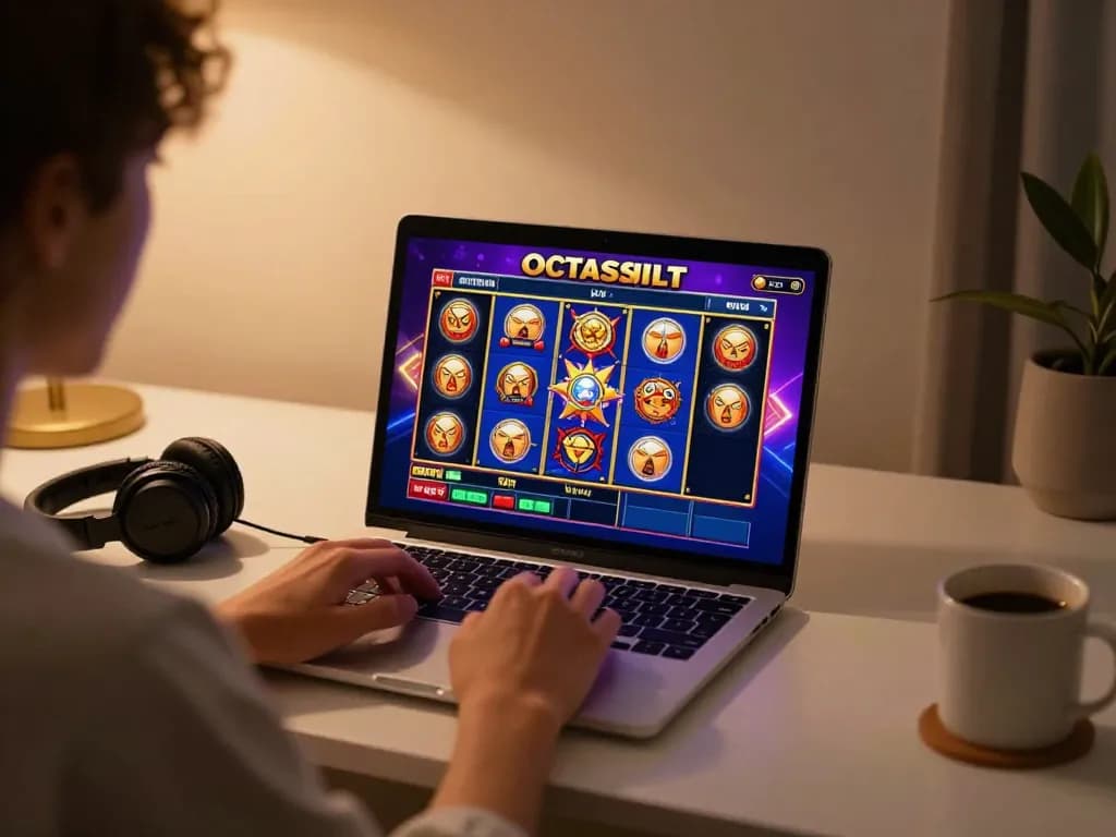 Experience octaslot gameplay with a cozy online setup featuring vibrant slot game interface.