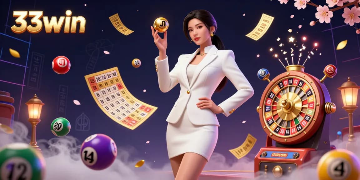 Engage with the vibrant casino experience at 33win, showcasing dynamic lottery elements, golden roulettes, and lively casino atmosphere.