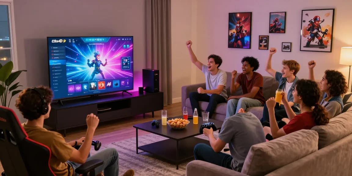 Cika4D gaming platform session with friends enjoying interactive features and vibrant graphics in a cozy living room.