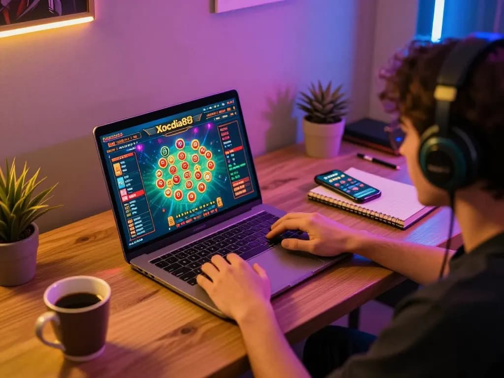 Xocdia88 player enjoying an online gaming session with engaging live xóc đĩa game on laptop