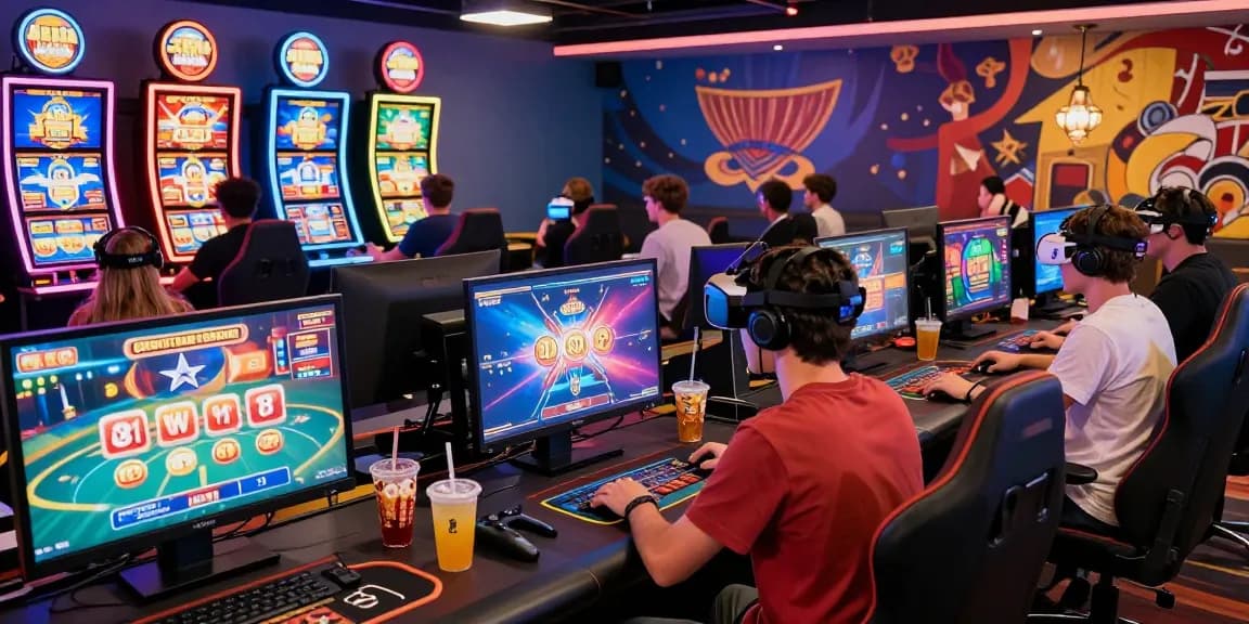 Engaged players enjoying diverse games at credit card casinos with vibrant lighting and gaming setups.