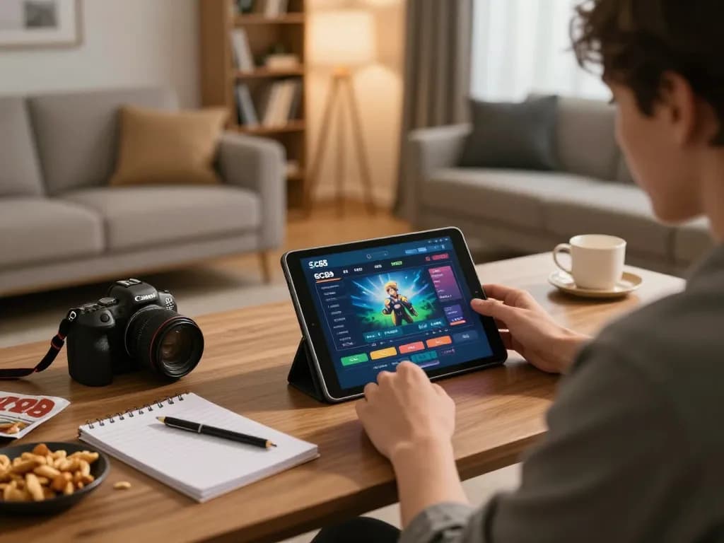 Player engaging with SC88 casino app on tablet in a cozy home setting