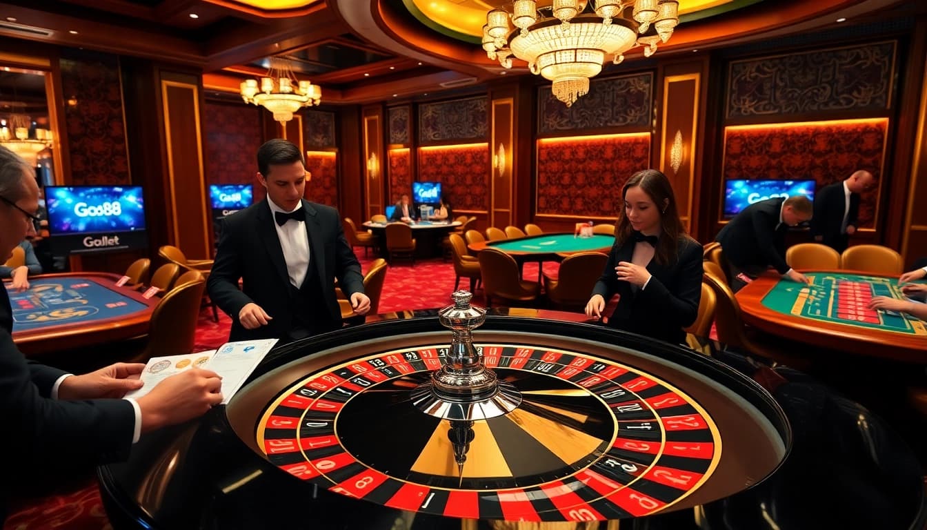 Experience excitement at Go88 with a luxurious casino scene featuring roulette and blackjack tables.