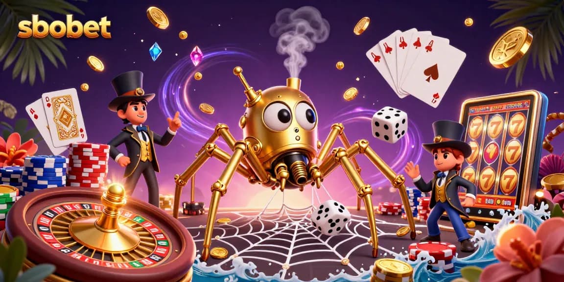 Experience sbobet's thrilling sports betting with golden coins and a steampunk spider.