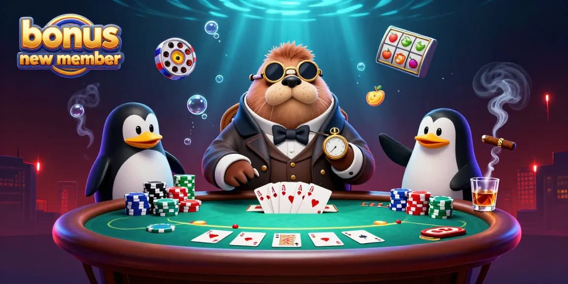 Join the excitement at the underwater poker table with the bonus new member opportunity, featuring vibrant casino illustrations.