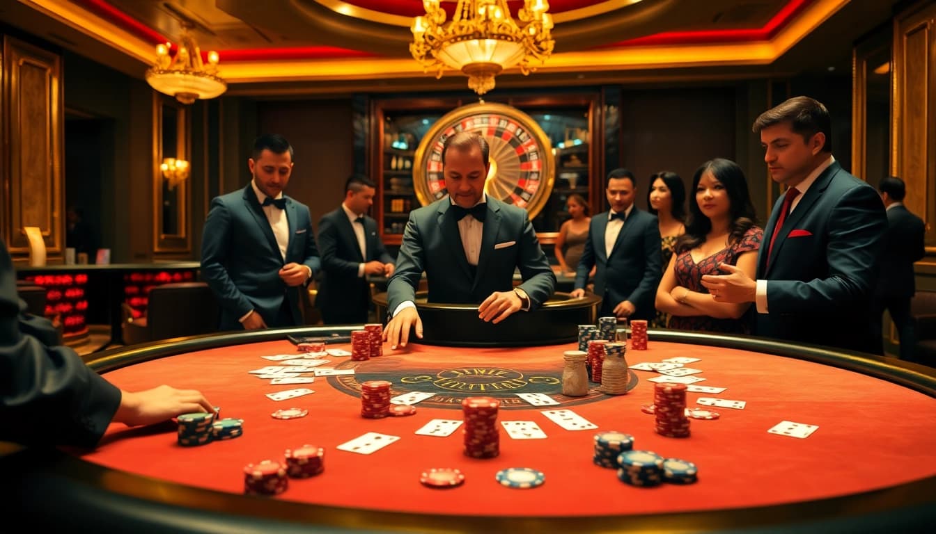 Players engrossed in a DF999 poker game, showcasing luxury and excitement in a lively casino setting.