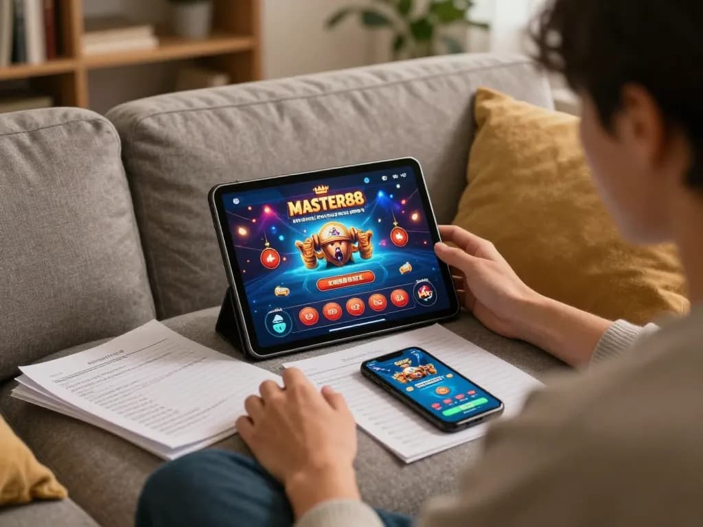 Pemain menikmati sesi permainan daring dengan MASTER88 di tablet, dikelilingi catatan strategi dalam suasana yang nyaman.