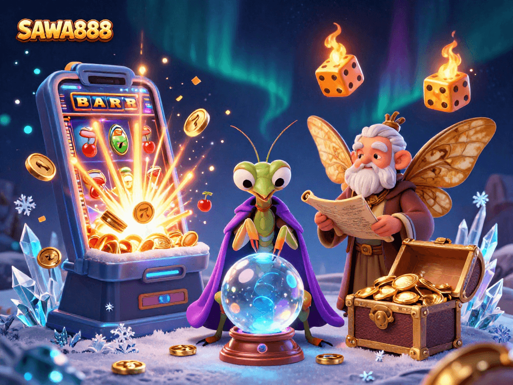 Experience thrilling gameplay at SAWA888 with vibrant slot machines, fortune tellers, and dynamic casino elements.