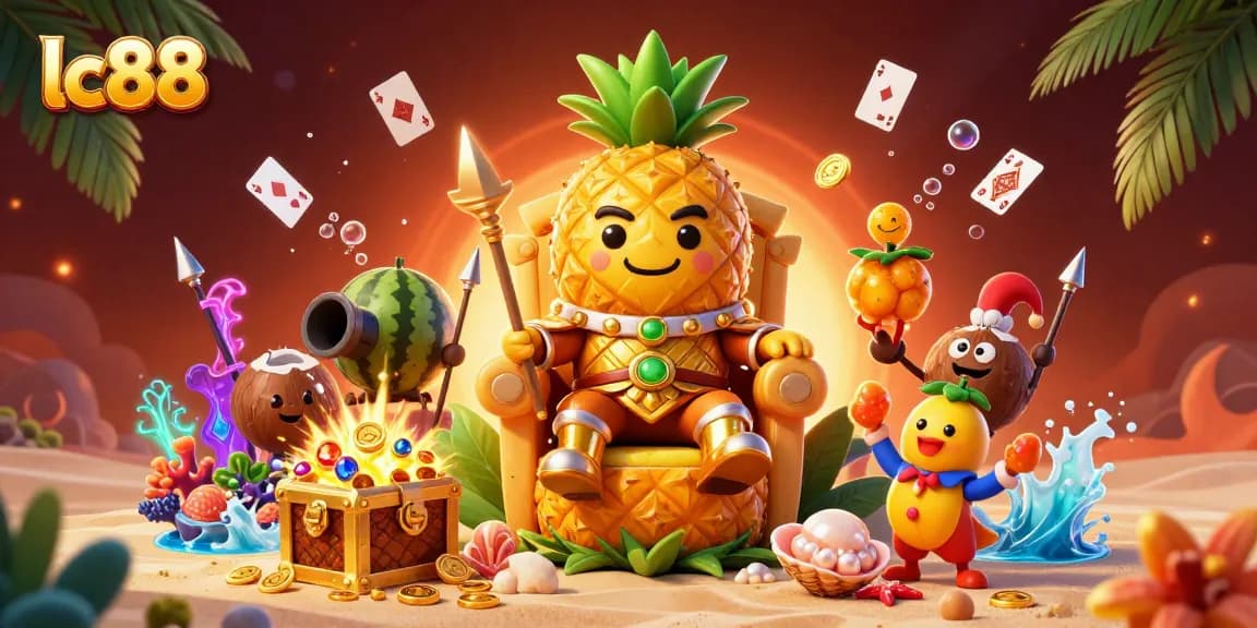 Engage with exciting casino action at lc88, where a golden pineapple king leads the fun on a beach