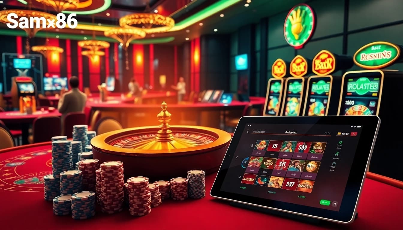 Experience the thrill of online gambling at Sam86 with vibrant casino tables and dynamic slot machines.