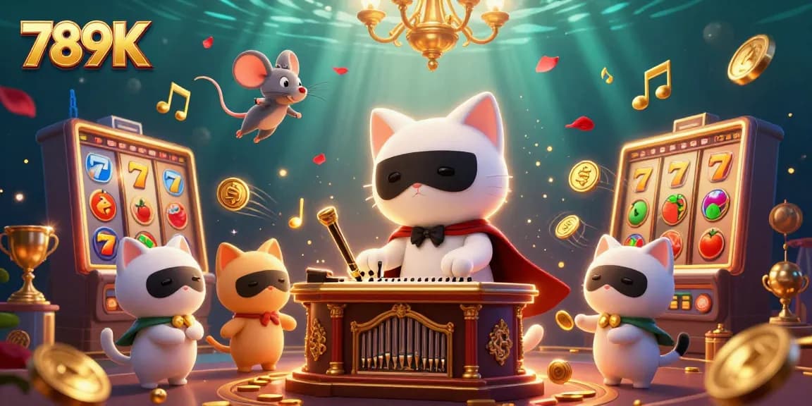 Engage with 789K slots featuring a dynamic scene of a phantom cat and acrobat amid casino elements.