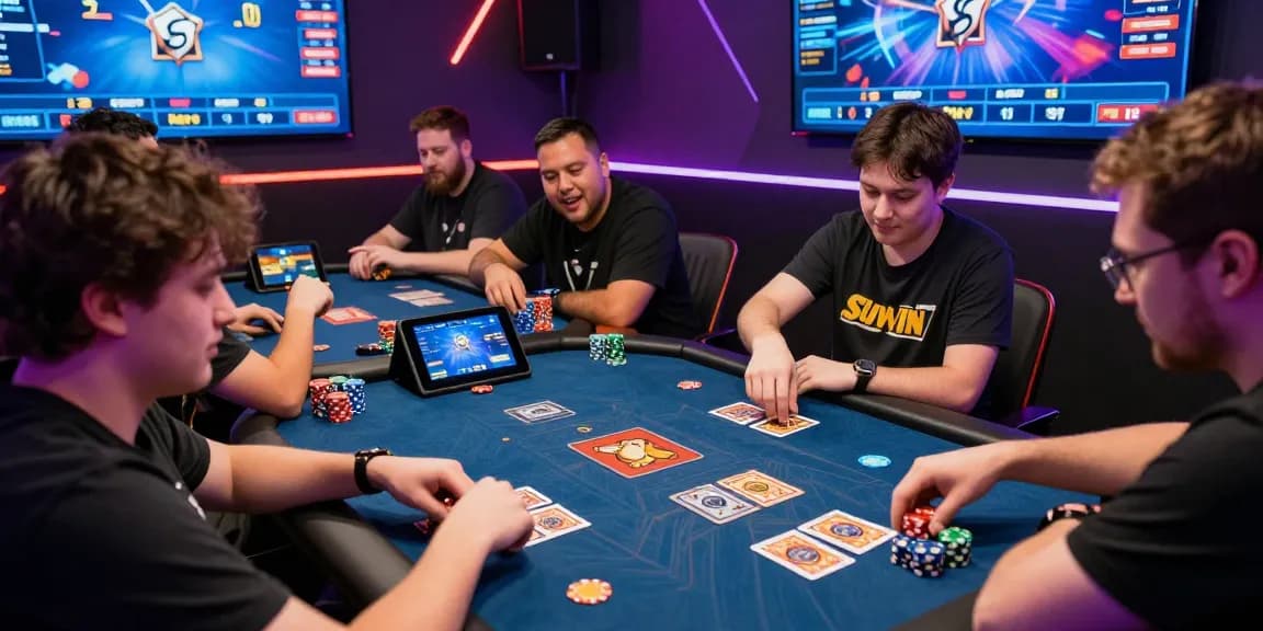 Exciting gaming lounge with players engaged in a sunwin card game, showcasing vibrant atmosphere and intense gameplay.