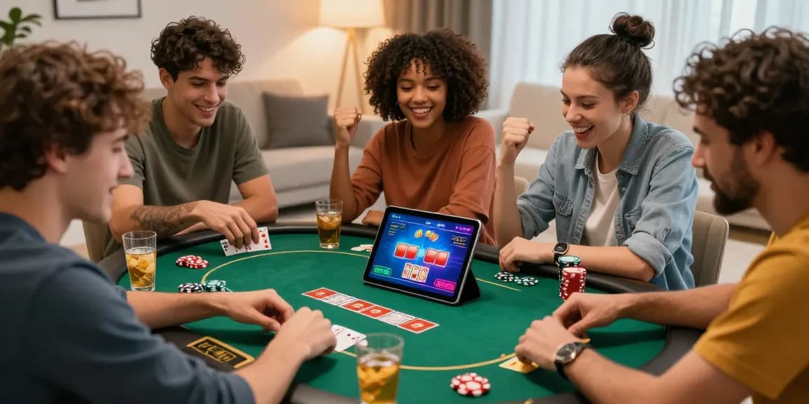 Play games and win money with friends in a lively poker night scene.