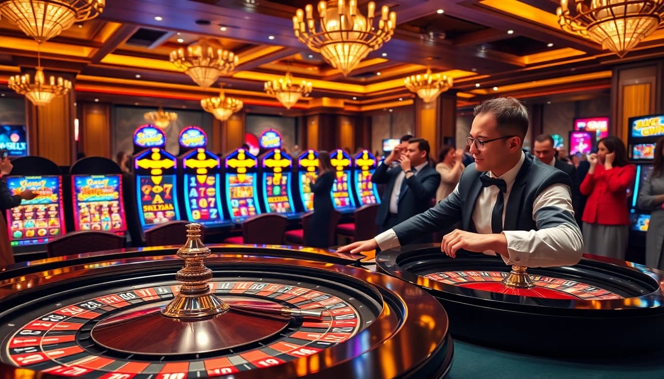 Engaging scene showcasing kerajaanslot action at a luxurious casino with roulette and slot machines.