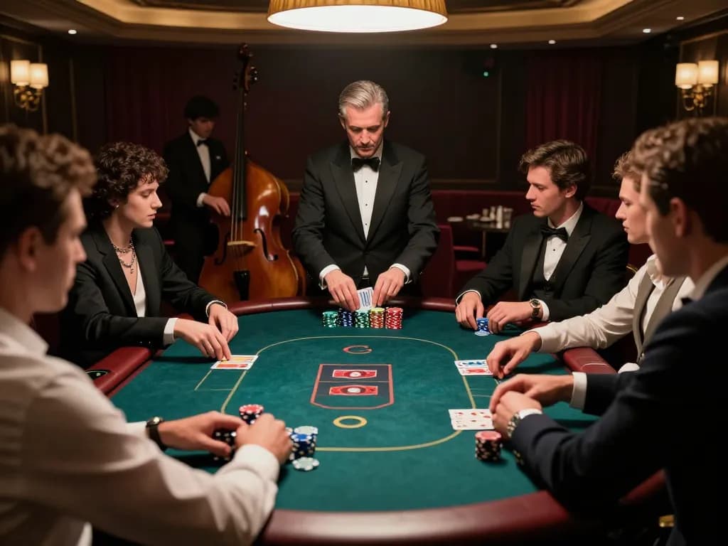 Players at a kuwin poker table strategizing with chips stacked high in a luxurious casino.
