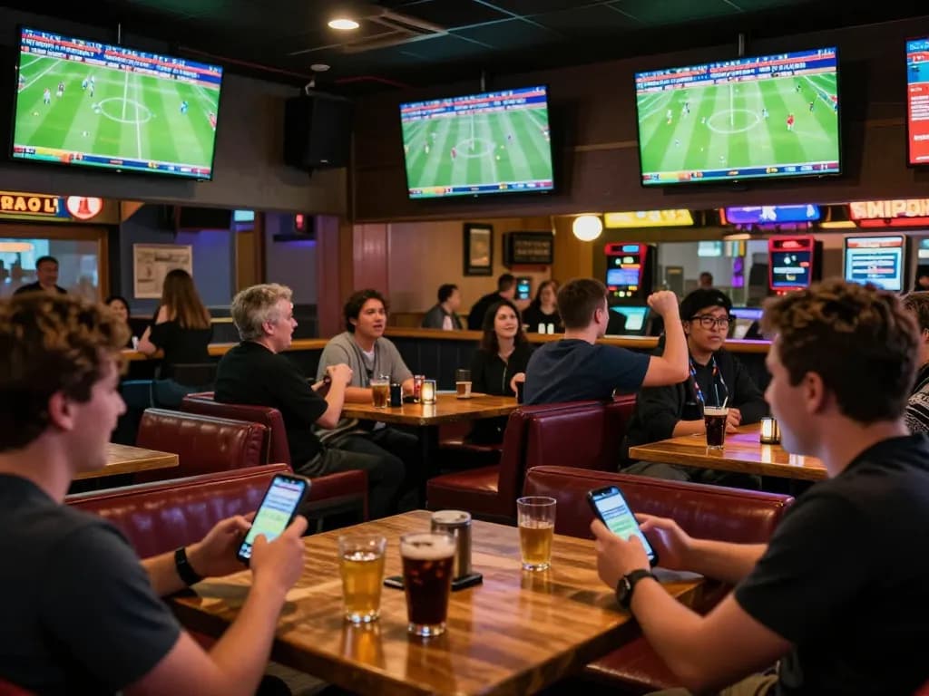 Patrons placing bets on LuongsonTV at a lively sports bar, celebrating live football matches.
