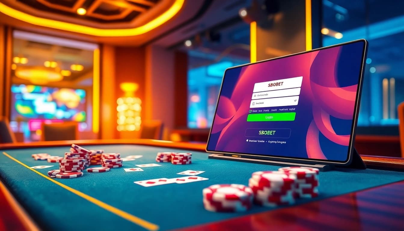 Engage with sbobet login indonesia through a sleek online interface featuring vibrant casino elements.