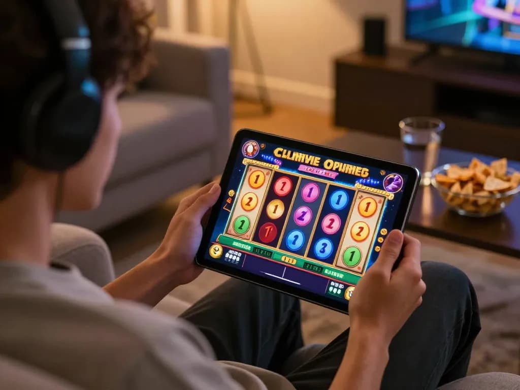 Kuwin player enjoying a thrilling slot game on tablet in a cozy home setting, capturing the immersive gaming experience.