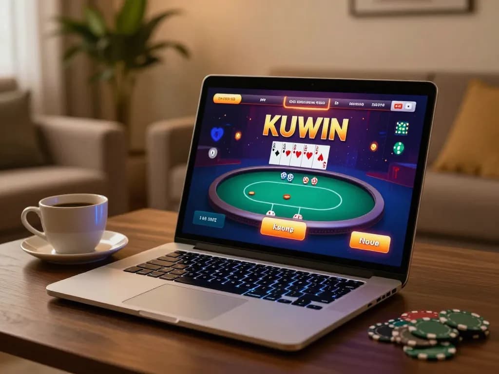Play KUWIN with excitement on a laptop, revealing a dynamic poker gaming interface at home.
