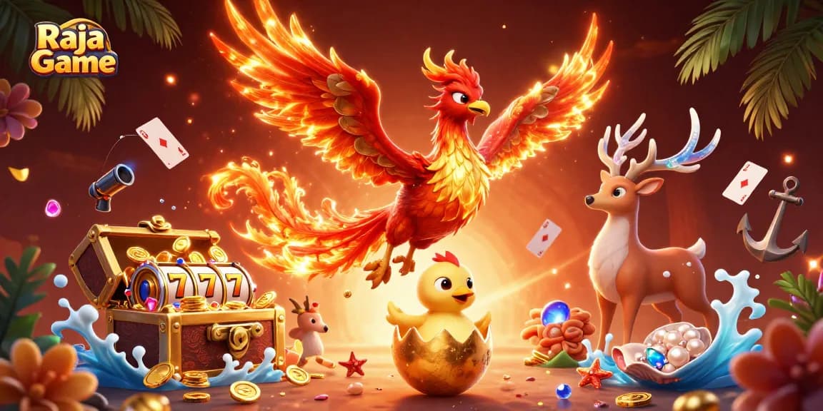 Experience thrilling gameplay in Raja Game with a vibrant phoenix, baby phoenix, and mystical stag amidst exciting game elements.