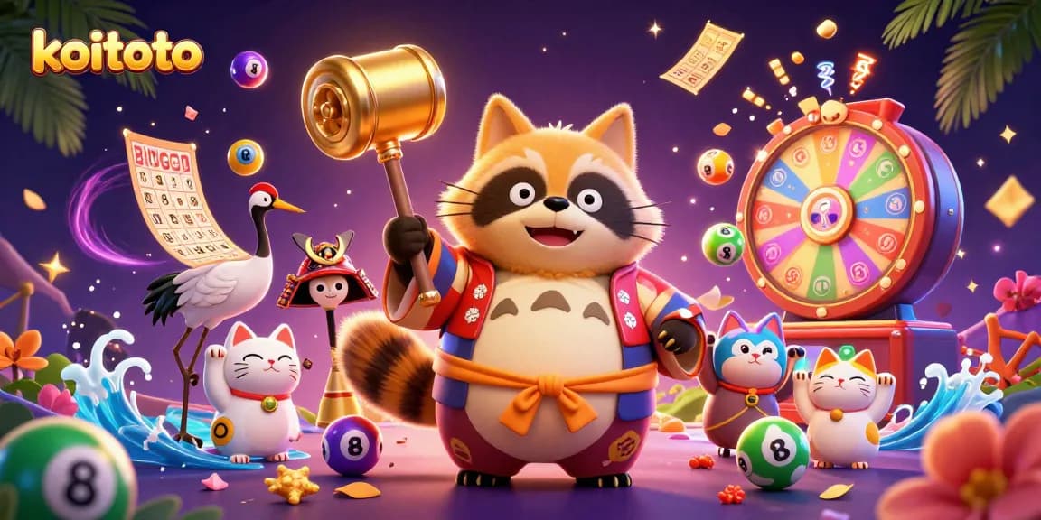 Koitoto menghadirkan kesenangan bermain dengan tanuki Jepang dan simbol keberuntungan dalam suasana seru.