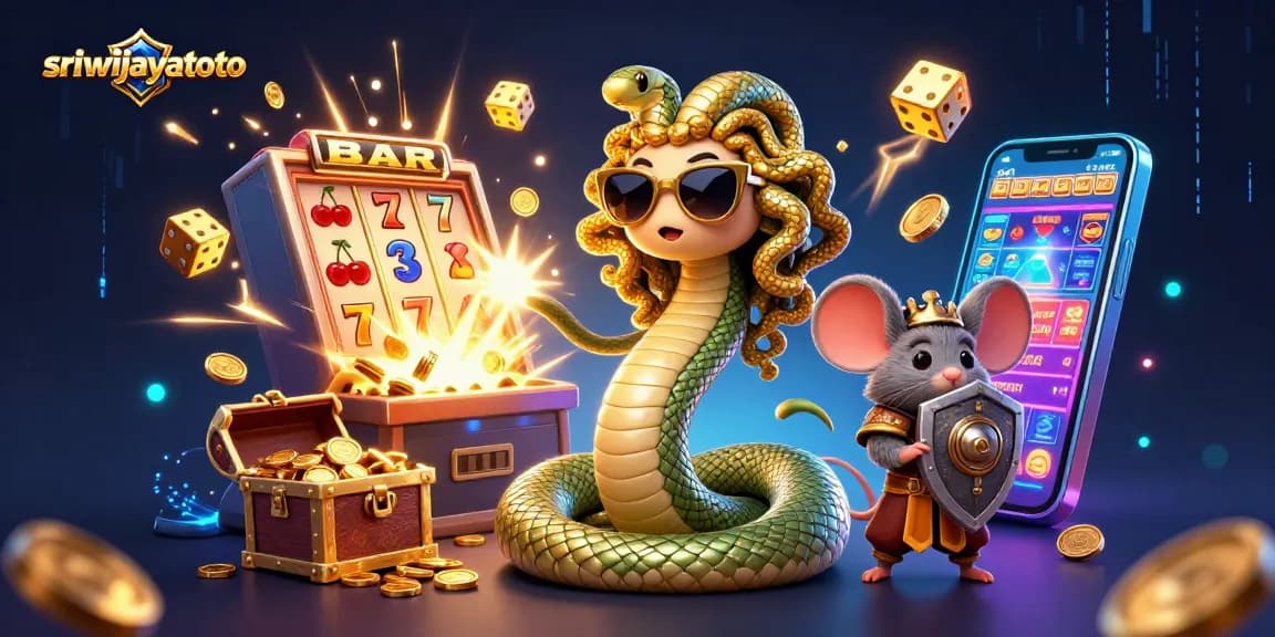 Sriwijayatoto showcases an engaging casino scene with vibrant characters and slot machine action.