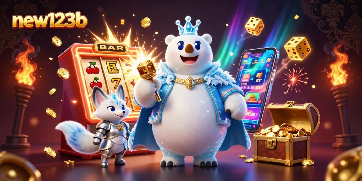 Win big with new123b at this vibrant online casino scene featuring colorful games and a jackpot explosion.