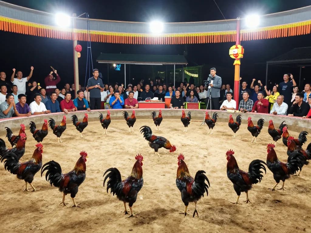 Watch the thrilling đá gà 88 match as black fighting roosters clash in a dynamic arena.