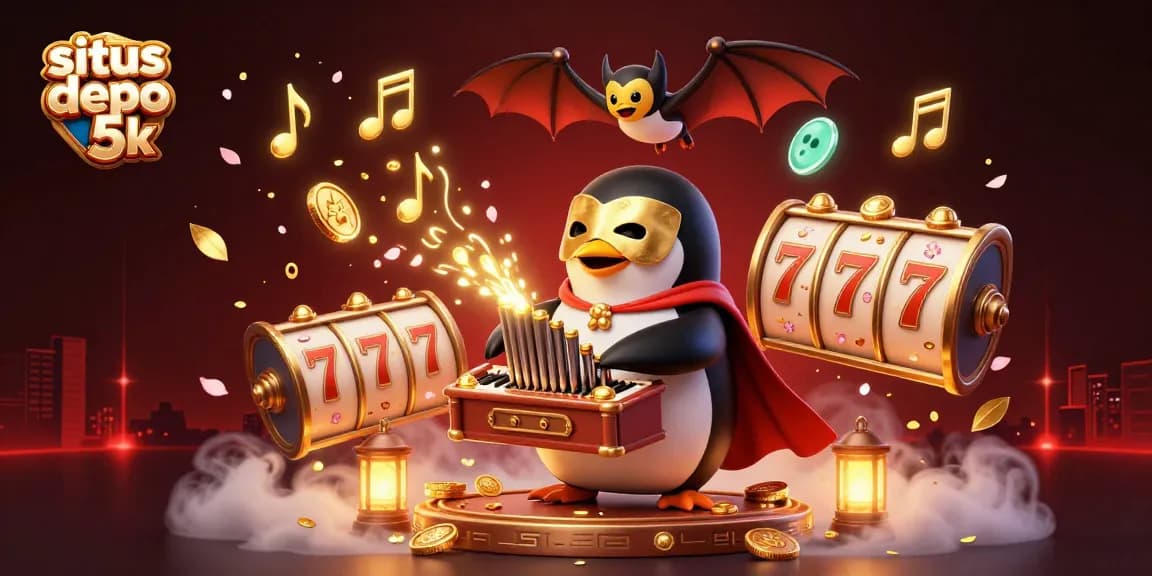Join the fun at situs depo 5k with a vibrant slot scene filled with gold coins, lucky 7s, and playful characters.