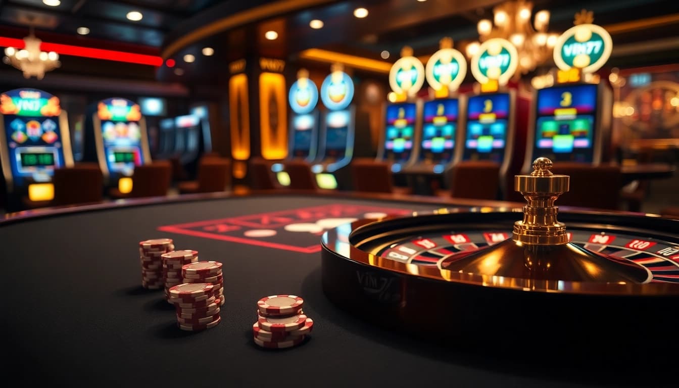 Vin777 gaming table with poker chips and roulette wheel highlighting a thrilling casino experience.