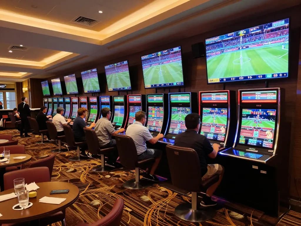 Engaged sports bettors using kèo nhà cái at a modern casino sportsbook.