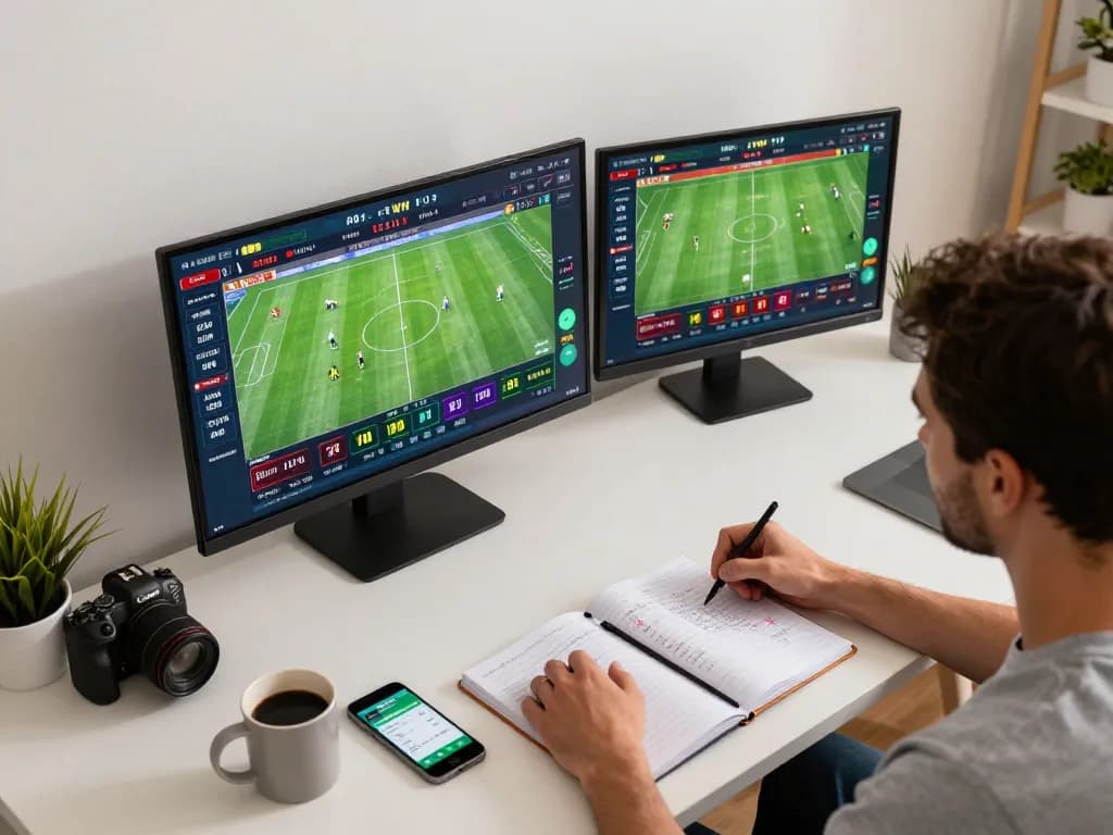 Engaging in real-time sports betting on MPOSPORT with dual screens showing matches and odds.